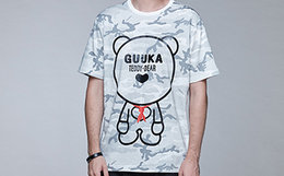 新品！Guuka/古由卡迷彩红领巾嘻哈熊短袖T恤F4101