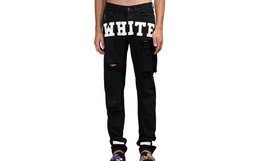 美潮OFF-WHITE字母条减速带破坏黑色牛仔裤